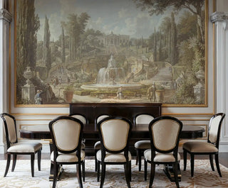 Detailed view of an Italian garden wall mural with fountain, beige and sage, shown with an oval dining set
