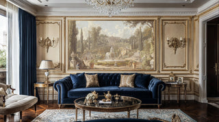 Detailed view of an Italian garden wall mural with fountain, beige and sage, shown with light and blue sofa