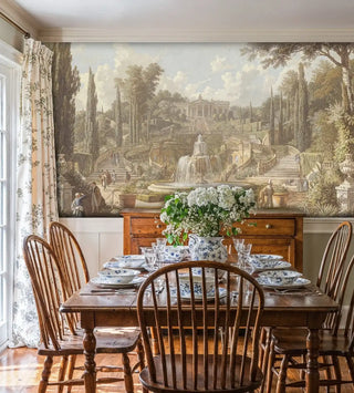 Detailed view of an Italian garden wall mural with fountain, beige-green, shown with a farmhouse dining table