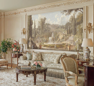 Detailed view of an Italian garden wall mural with fountain, beige-green, shown with a floral sofa and table