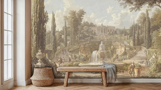 Detailed view of an Italian garden wall mural with fountain, beige-sage, shown with a woven basket and bench