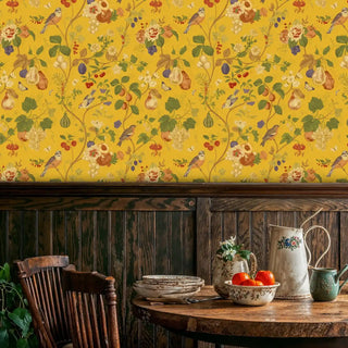 Detailed view of an Orchard Birds Wallpaper with grapes on mustard yellow, with pitchers