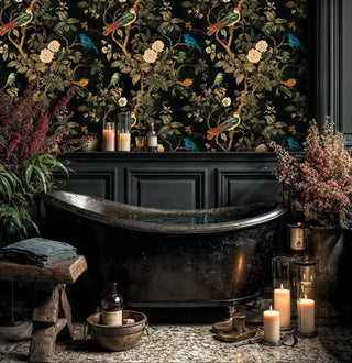 Detailed view of chinoiserie bird wallpaper, black and green, shown with freestanding tub
