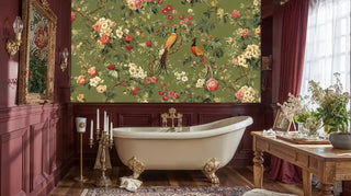 Detailed view of chinoiserie wall mural with pheasants on olive green shown by clawfoot tub