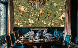 Detailed view of chinoiserie wall mural with pheasants on olive green shown by mantel