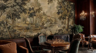 Detailed view of classical landscape wall mural with grand estate scene and waterfowl, displayed in a traditional study with chess set
