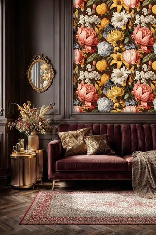 Detailed view of dark floral Wallpaper with blooms, with velvet sofa and gold table