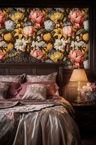 Detailed view of dark floral Wallpaper with bold blooms, over a carved headboard and lamp