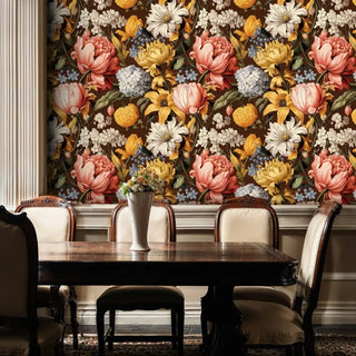 Detailed view of dark floral Wallpaper with large blooms, with an antique dining table