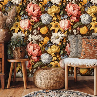 Detailed view of dark floral Wallpaper with oversized blooms, plus jute pouf and wooden stool