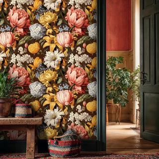 Detailed view of dark floral Wallpaper with rich blooms, beside rustic bench and woven baskets