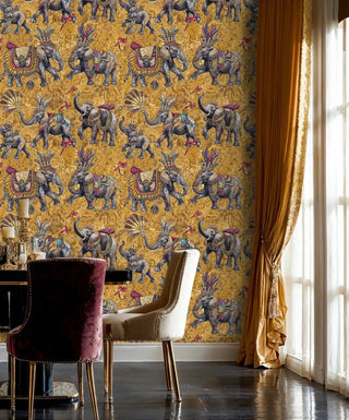 Detailed view of elephant wallpaper, grey on gold, shown with velvet chairs and drapes