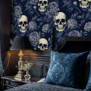 Detailed view of skull peony wallpaper, navy and ivory, with carved headboard
