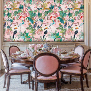 Detailed view of tropical wallpaper with flamingos, pink and green, in classic dining room