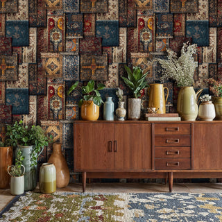 detailed vintage carpet squares wallpaper featuring geometric motifs, styled in mid-century modern room with sideboard