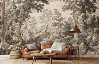Detailed woodland horse wallpaper with engraving style, shown in modern living room with leather sofa