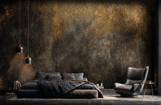 Distressed metal wall mural with gold and charcoal textures in modern bedroom with pendant lights