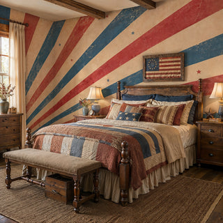Distressed sunburst wall mural in red blue and cream with scattered stars in a farmhouse bedroom with patchwork quilt