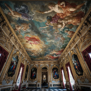 Divine celestial wall mural with mythological figures in coral and teal, displayed on ornate palace ceiling with gold detailing