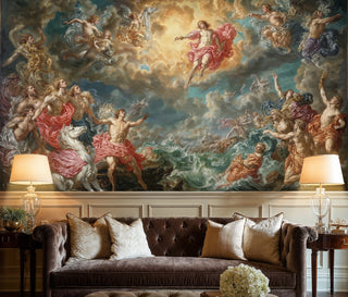 Divine mythology wall mural with celestial beings and clouds, shown in traditional living room with brown leather sofa