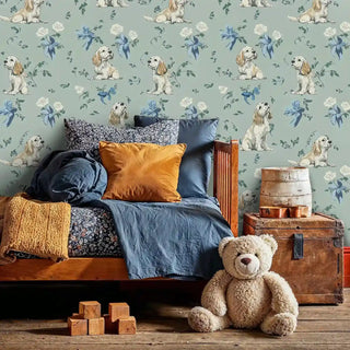 Dog and rose pattern wallpaper in soft green tones, displayed in rustic bedroom with wooden bed frame