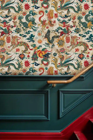 Dragon phoenix celestial wallpaper with mythical creatures and clouds in teal and gold, shown on elegant stairway wall