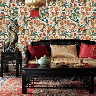 Dragon phoenix wallpaper displaying mythical creatures and cloud patterns, featured in elegant bedroom with carved headboard