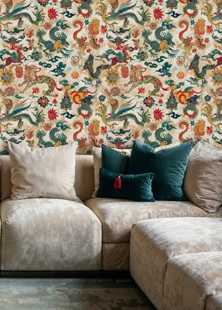 Dragon phoenix wallpaper featuring detailed mythical beasts in vibrant colors, displayed in modern living room with beige sofa