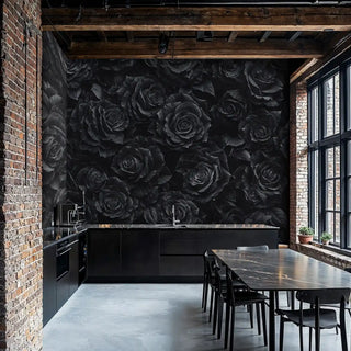 Dramatic black rose wall mural displayed in industrial kitchen with exposed brick and steel dining table