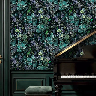 Dramatic botanical wallpaper featuring rich foliage pattern, shown in elegant music room with grand piano and green wainscoting