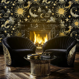 Dramatic celestial wall mural with mermaids and ships in luxurious seating area with marble fireplace
