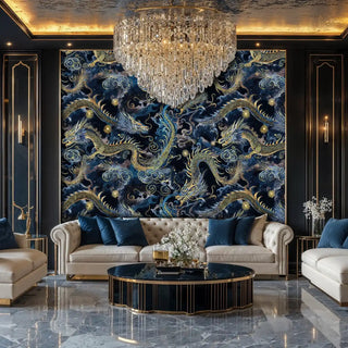 Dramatic dragon wall mural in navy and gold tones with cosmic elements, displayed in elegant living room with crystal chandelier