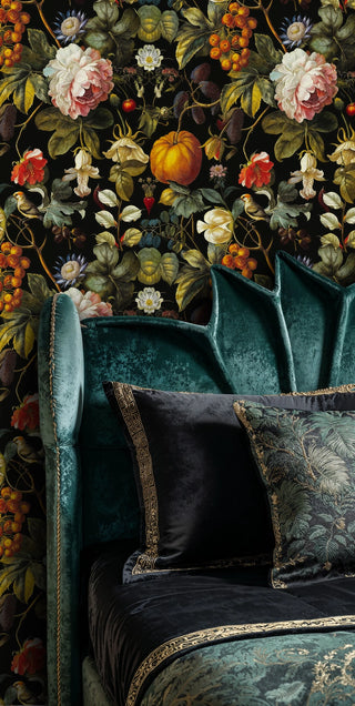Dramatic floral harvest wallpaper with peonies and fruits displayed in elegant sitting room with teal velvet armchair