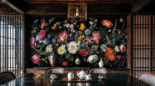 Dramatic floral wall mural with colorful blooms in Asian-inspired dining room with wooden screens and tea service