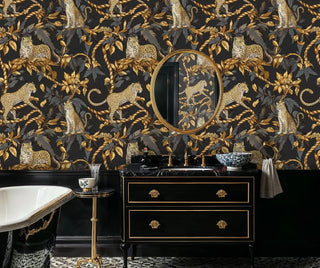 Dramatic jungle cat wallpaper in gold and charcoal, displayed in sophisticated bathroom with marble vanity