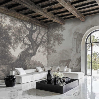 Dramatic lakeside landscape wallpaper with towering cliffs in modern living space with exposed ceiling beams