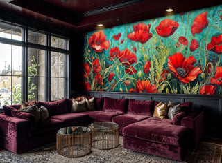 Dramatic poppy field mural with coral blooms and turquoise background in luxurious lounge with burgundy seating