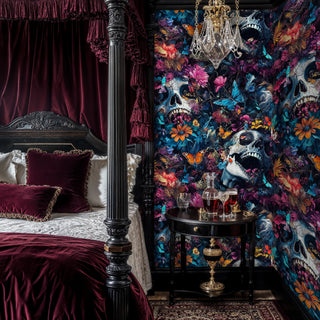 Dramatic skull botanical wallpaper with butterflies in opulent bedroom with burgundy four-poster bed
