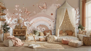 Dreamy botanical wall mural with butterflies and celestial dots, styled in cozy kids playroom with canopy tent