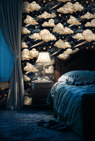dreamy cloud wallpaper with stars and navy background in elegant bedroom with blue curtains