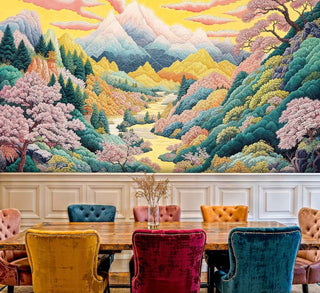 Dreamy mountain valley wall mural with sunset sky in formal dining room with colorful velvet chairs
