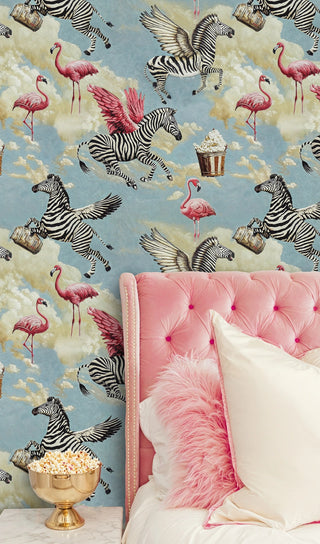 dreamy zebra and flamingo pattern wallpaper, displayed in bedroom with pink tufted headboard