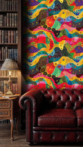 dynamic abstract flowing patterns wallpaper with vibrant ribbons in traditional study with leather chair