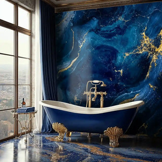Elegant blue marble wallpaper with gold details in luxury bathroom with clawfoot tub