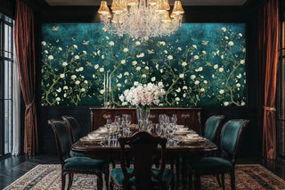 Elegant botanical wall mural with white blooms, shown in formal dining room with crystal chandelier