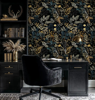 Elegant botanical wallpaper in rich living room with velvet ottoman and brass pendant lighting