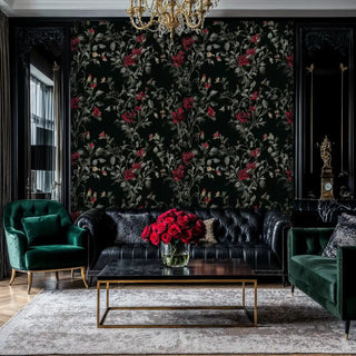 Elegant botanical wallpaper with burgundy flowers in sophisticated living room with emerald chairs