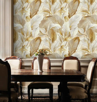 Elegant botanical wallpaper with golden leaves, featured in formal dining room with mahogany table
