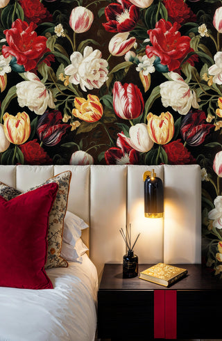 Elegant botanical wallpaper with tulips and peonies in minimalist bedroom with modern wall sconces