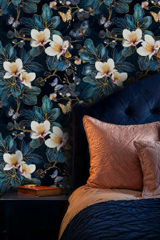 elegant butterfly wallpaper in navy and gold in powder room with round vanity table